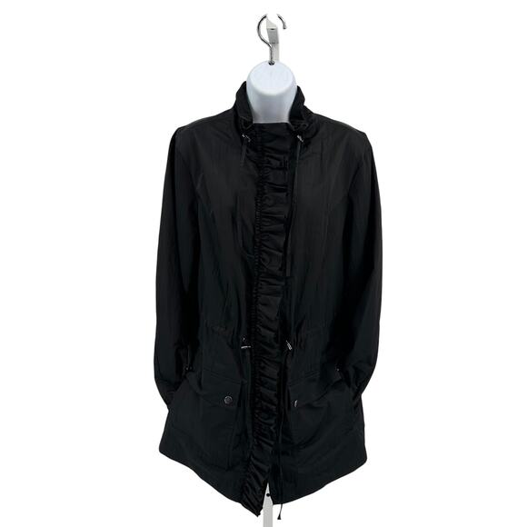 Style & Co. Zip Up Parka Jacket WMN 14 Black Ruffle Long Sleeve Windbreaker Coat - Picture 4 of 5